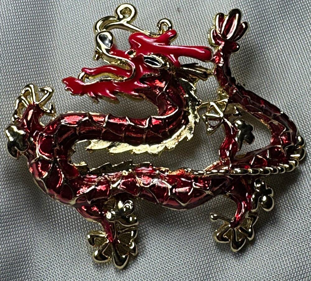 Red Enamel Chinese Dragon Brooch Gold Tone Asian Mythical Lunar New Year Pin